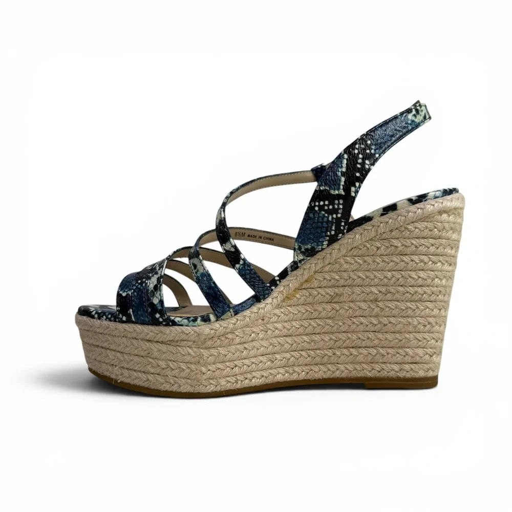 Pelle Moda Espadrille Wedge Sandals Platform Strappy Womens 6.5 M Blue Snakeskin